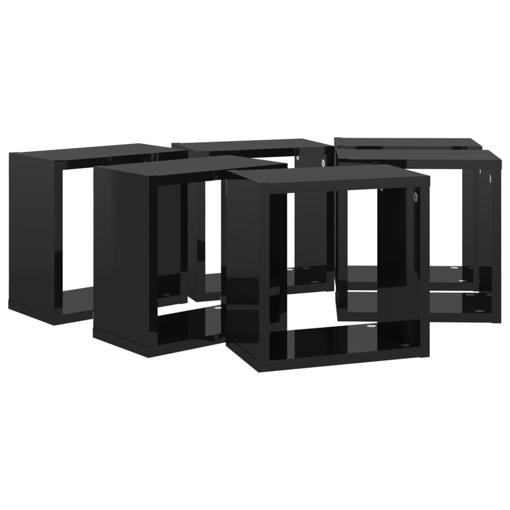 Wandkubus Planken 6 st Hoogglans Zwart 26x15x26 cm