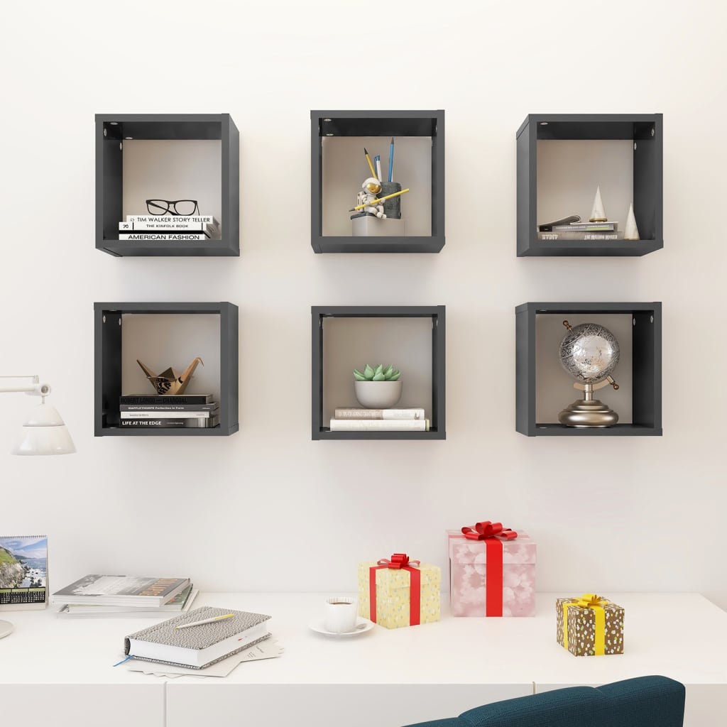 vidaXL Wall Cube Shelves 6 pcs High Gloss Grey 26x15x26 cm