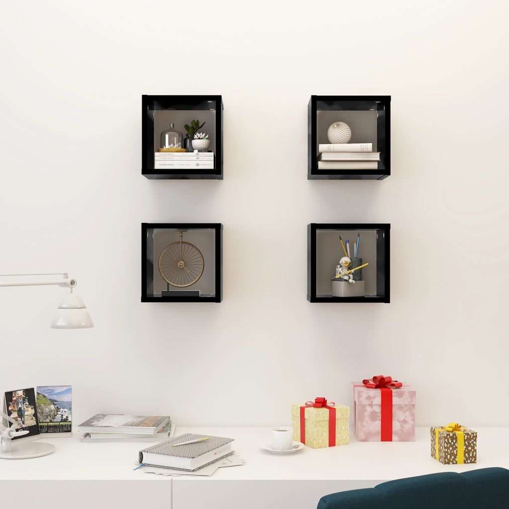 vidaXL Wall Cube Shelves 4 pcs Black 22x15x22 cm