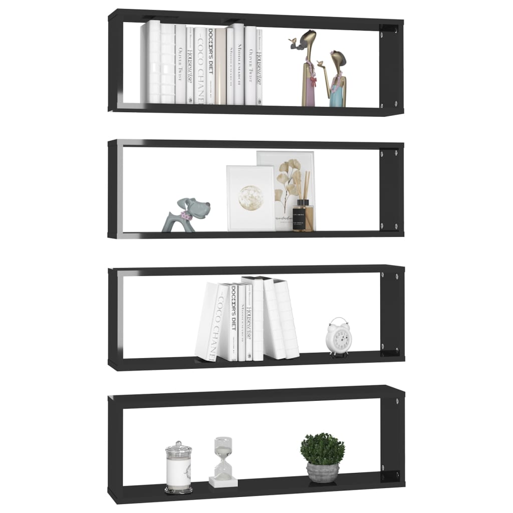 vidaXL Wall Cube Shelf 4 pcs High Gloss Black 80x15x26.5cm Engineered Wood