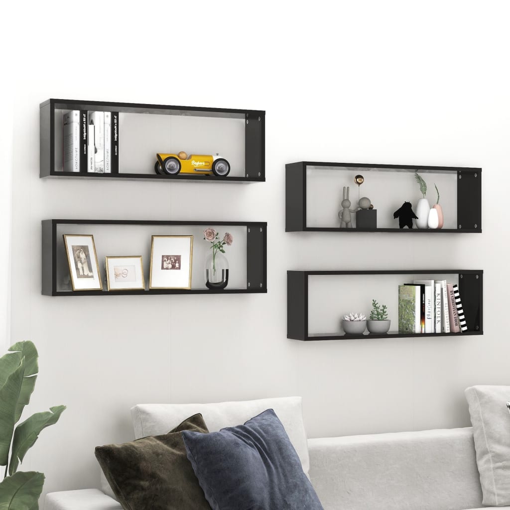 vidaXL Wall Cube Shelf 4 pcs High Gloss Black 80x15x26.5cm Engineered Wood