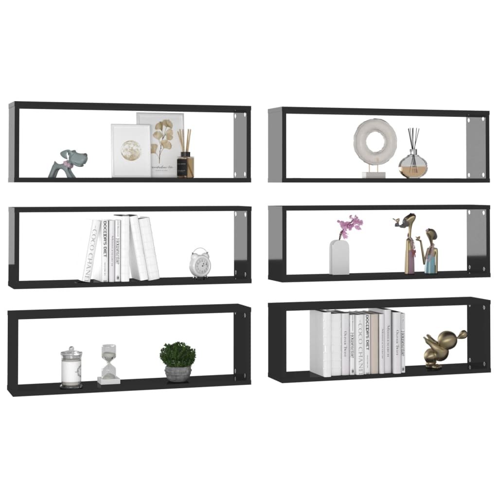 vidaXL Wall Cube Shelf 6 pcs High Gloss Black 80x15x26.5cm Engineered Wood