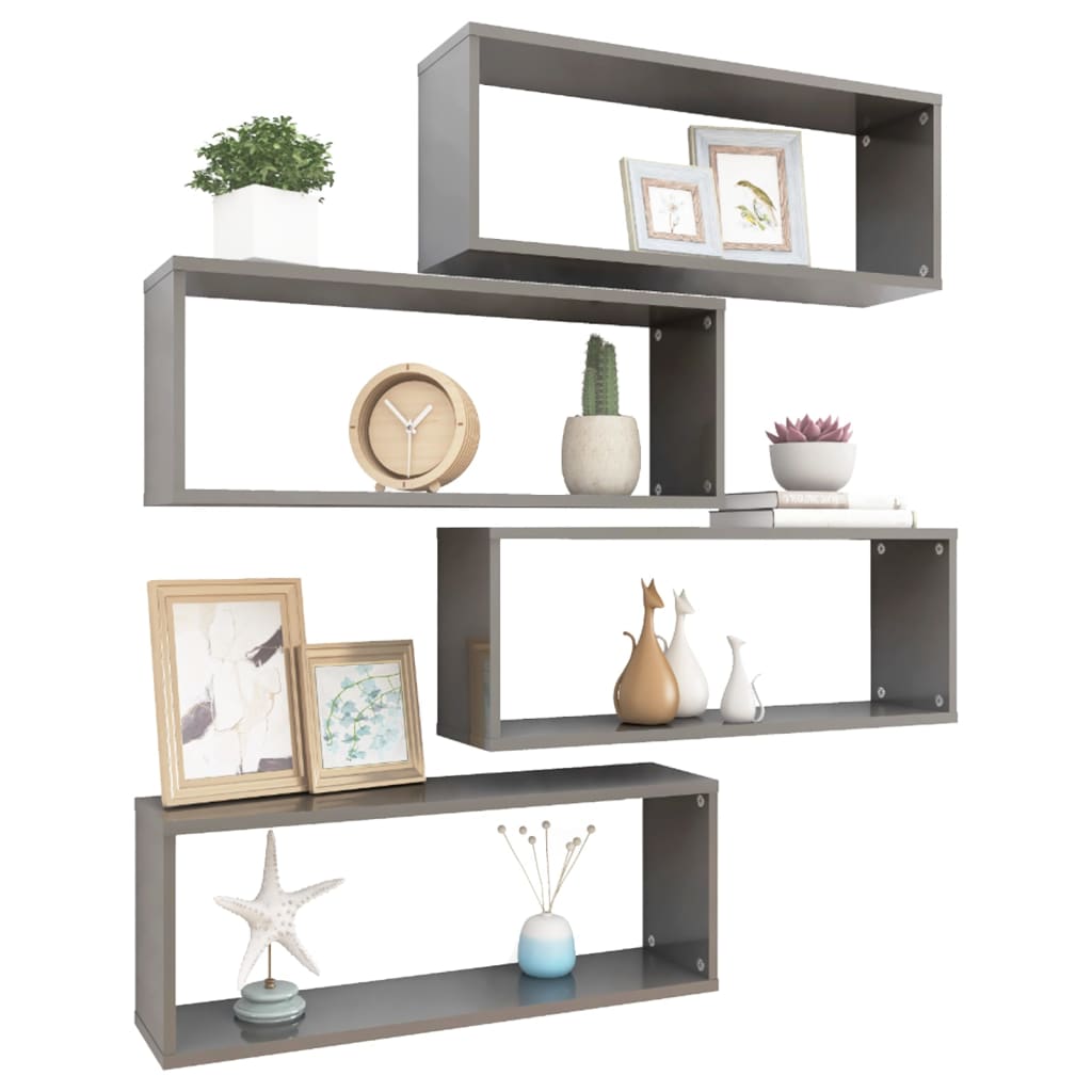 Étagère Cube Murale 4 pcs Gris Brillant 60x15x23 cm Bois d'ingénierie