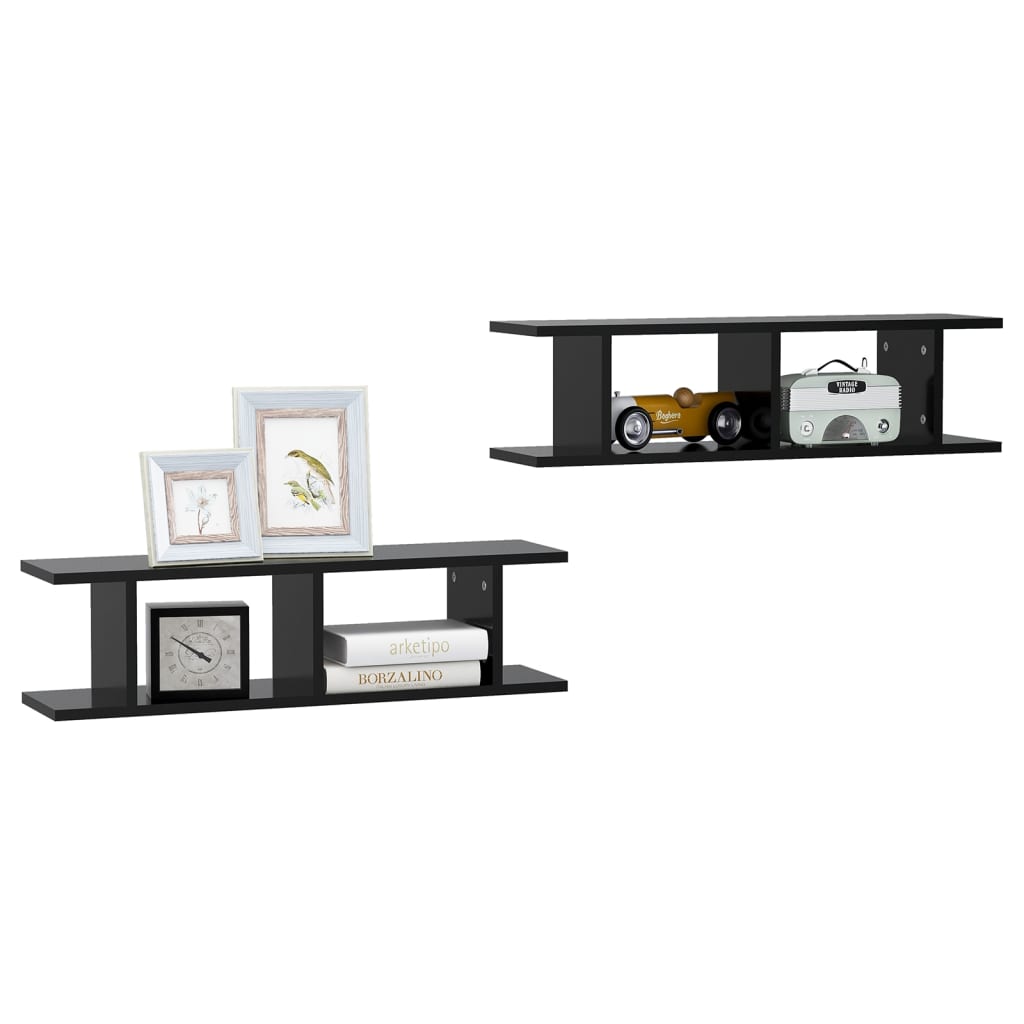 vidaXL Wall Shelves 2 pcs Black 75x18x20 cm Engineered Wood