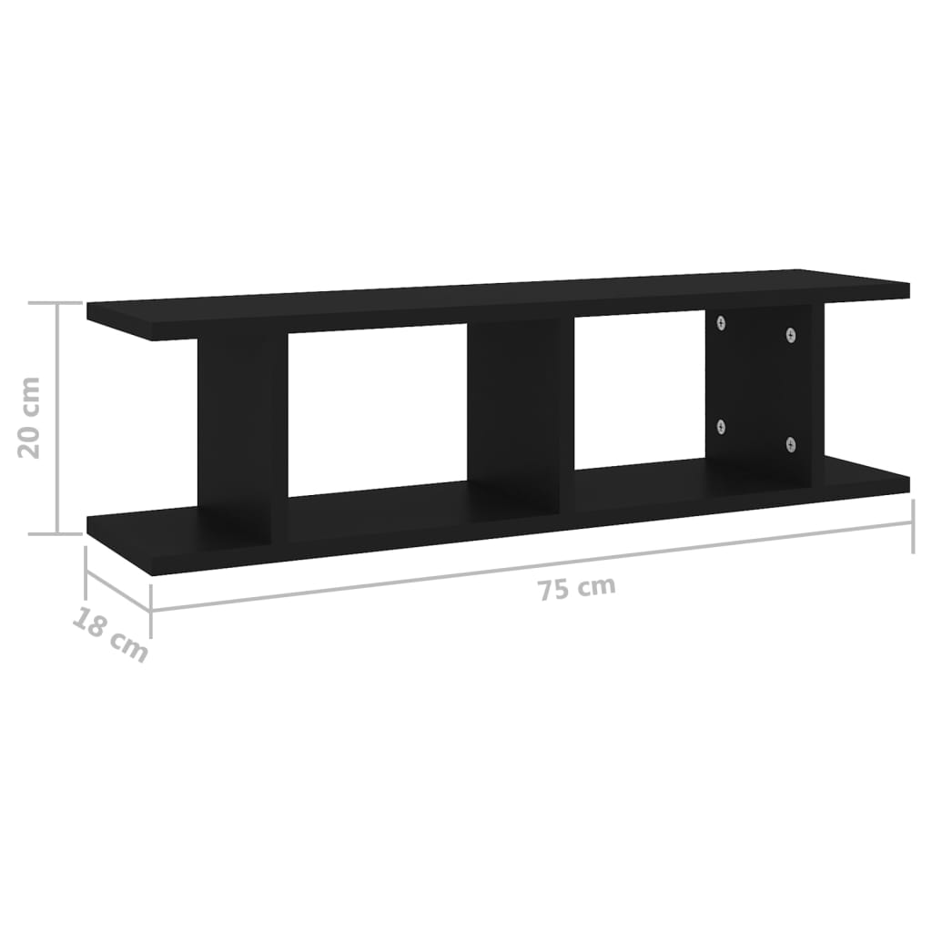 vidaXL Wall Shelves 2 pcs Black 75x18x20 cm Engineered Wood