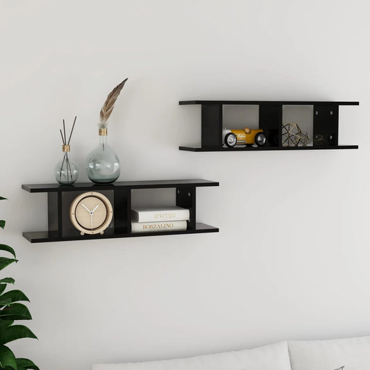 vidaXL Wall Shelves 2 pcs Black 75x18x20 cm Engineered Wood