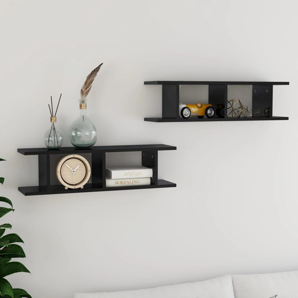 vidaXL Wall Shelves 2 pcs High Gloss Black 75x18x20 cm Engineered Wood