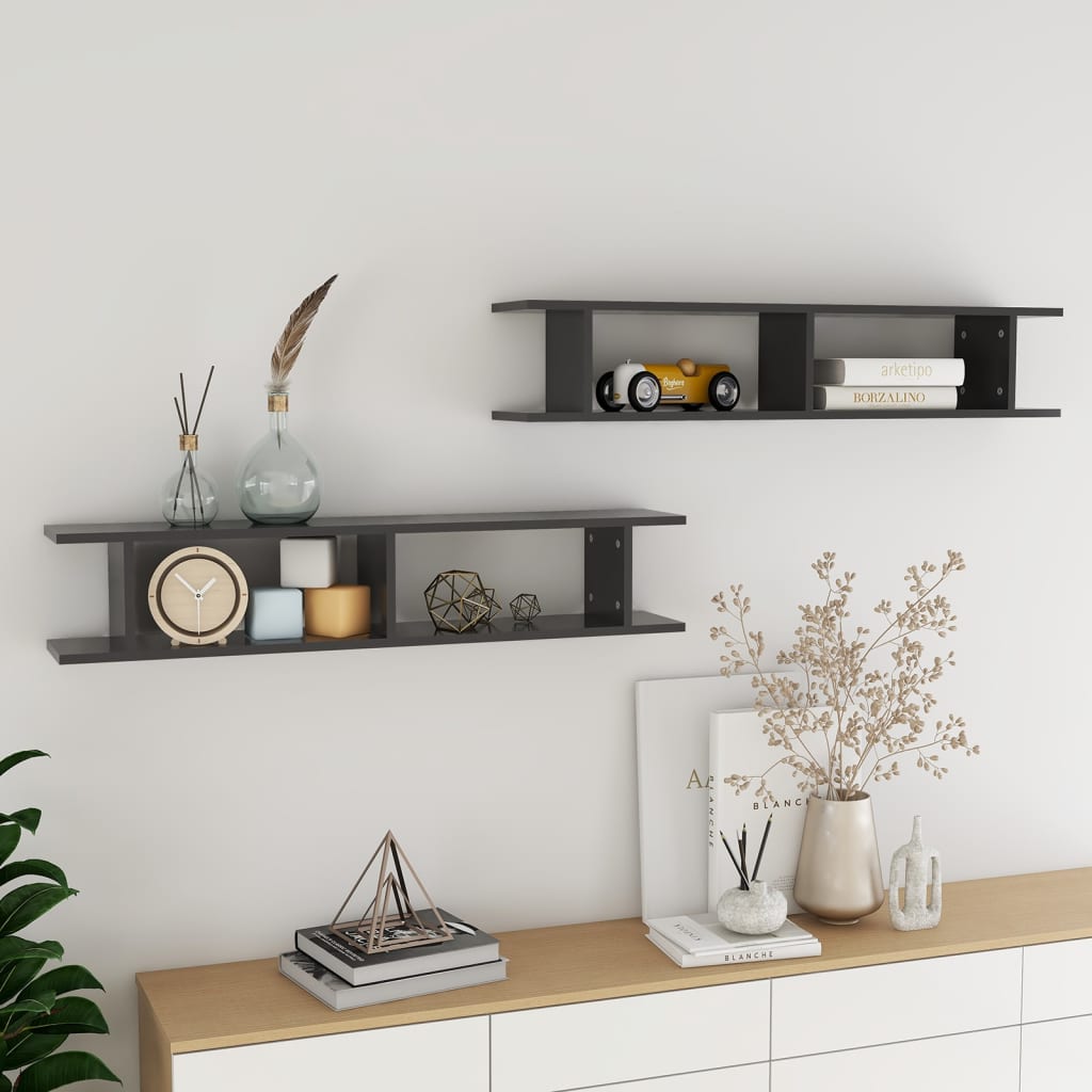 vidaXL Wall Shelf 2 pcs Grey 105x18x20 cm Engineered Wood