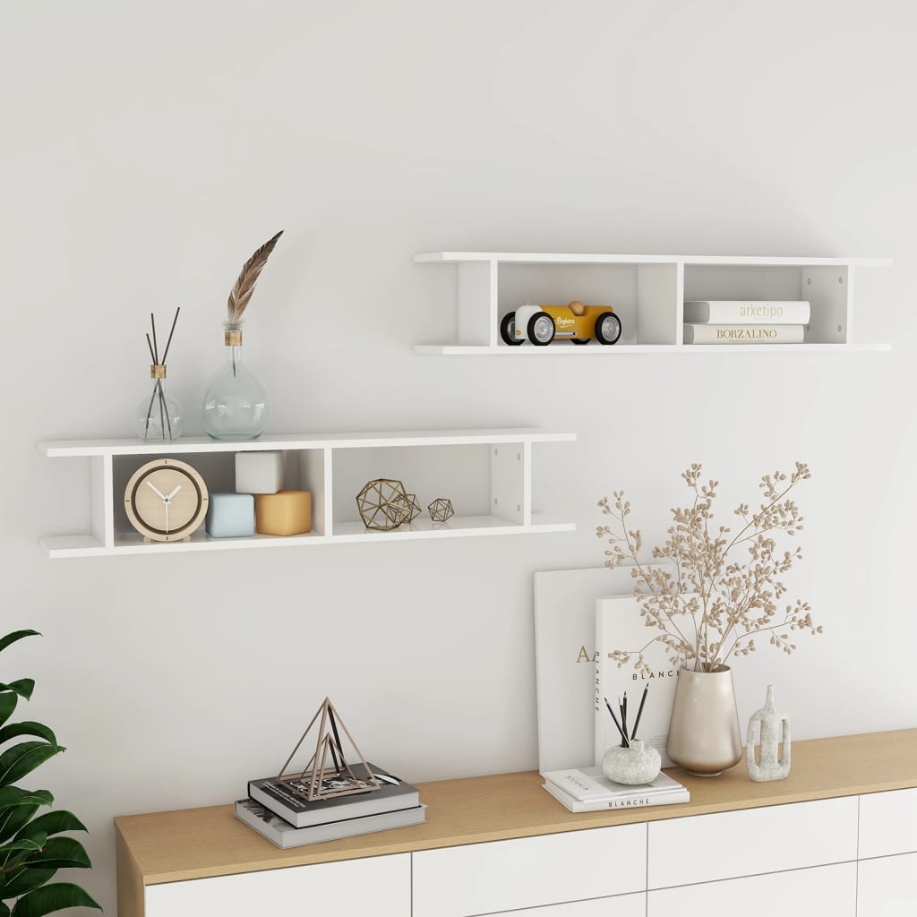 vidaXL Wall Shelf 2pcs High Gloss White 105x18x20cm Engineered Wood