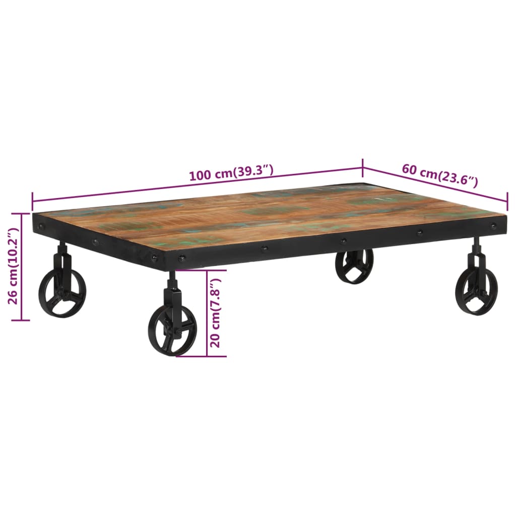 vidaXL Coffee Table with Wheels 100x60x26 cm Solid Wood Reclaimed