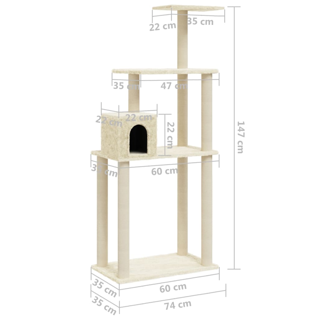 vidaXL Cat Tree with Sisal Scratching Posts Cream 147 cm