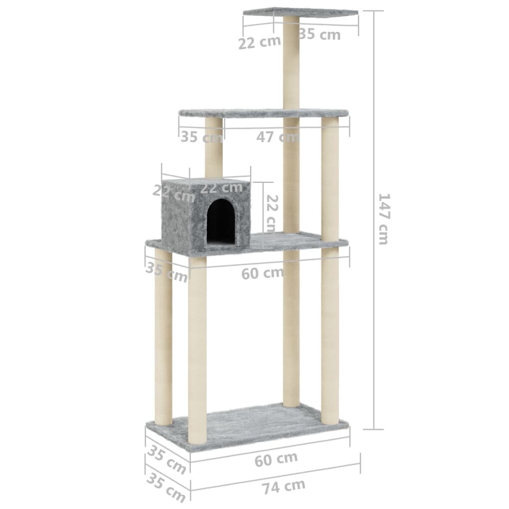 vidaXL Cat Tree with Sisal Scratching Posts Light Grey 147 cm