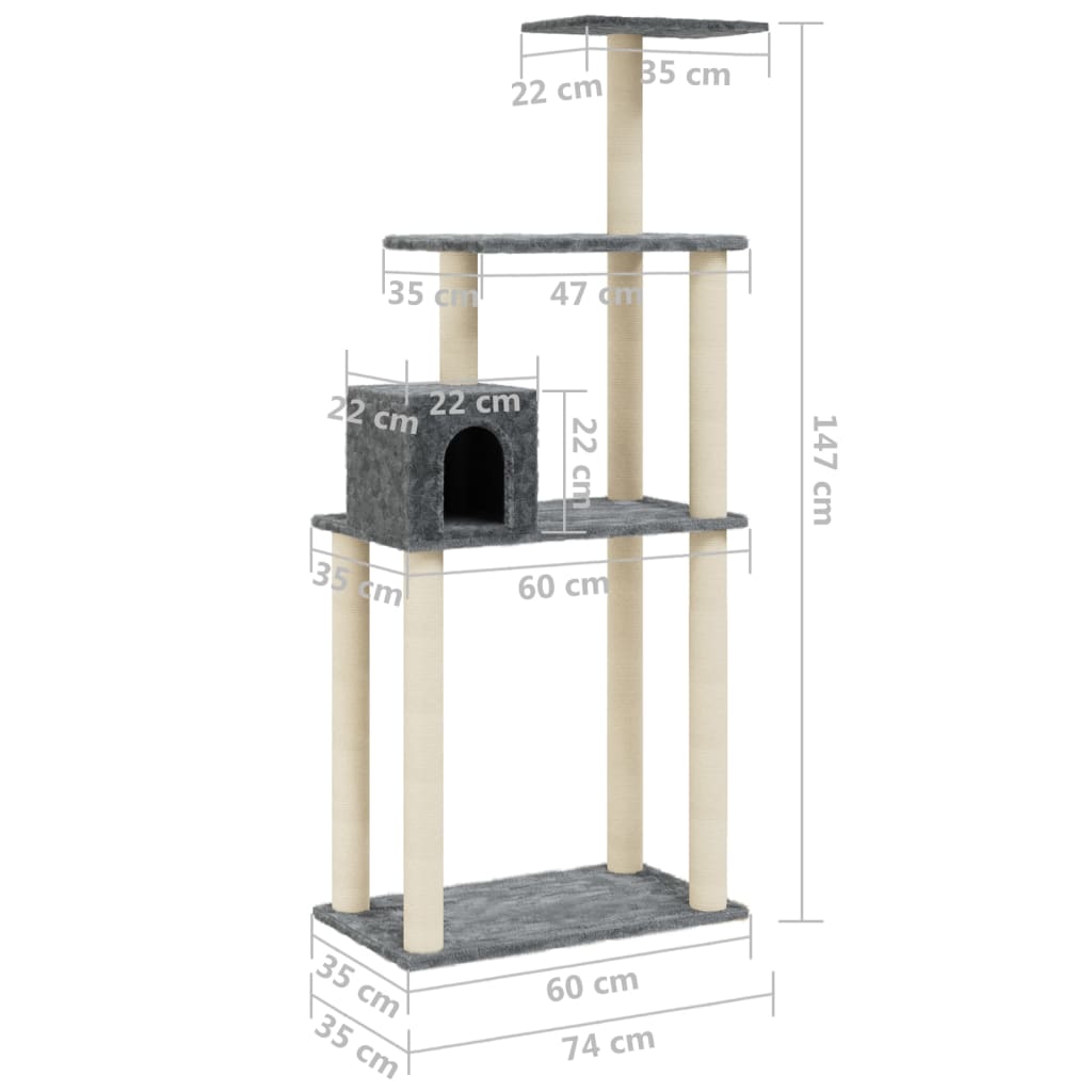 vidaXL Cat Tree with Sisal Scratching Posts Dark Grey 147 cm