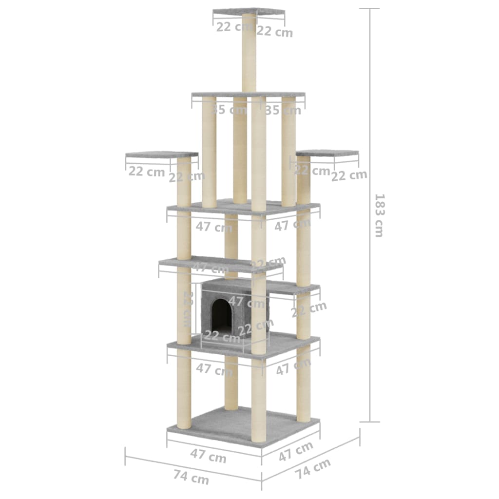 vidaXL Cat Tree with Sisal Scratching Posts Light Grey 183 cm