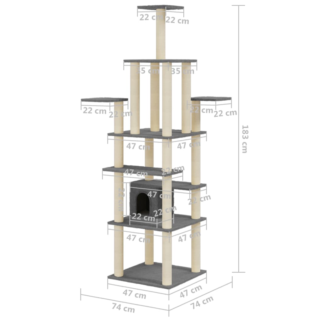 vidaXL Cat Tree with Sisal Scratching Posts Dark Grey 183 cm