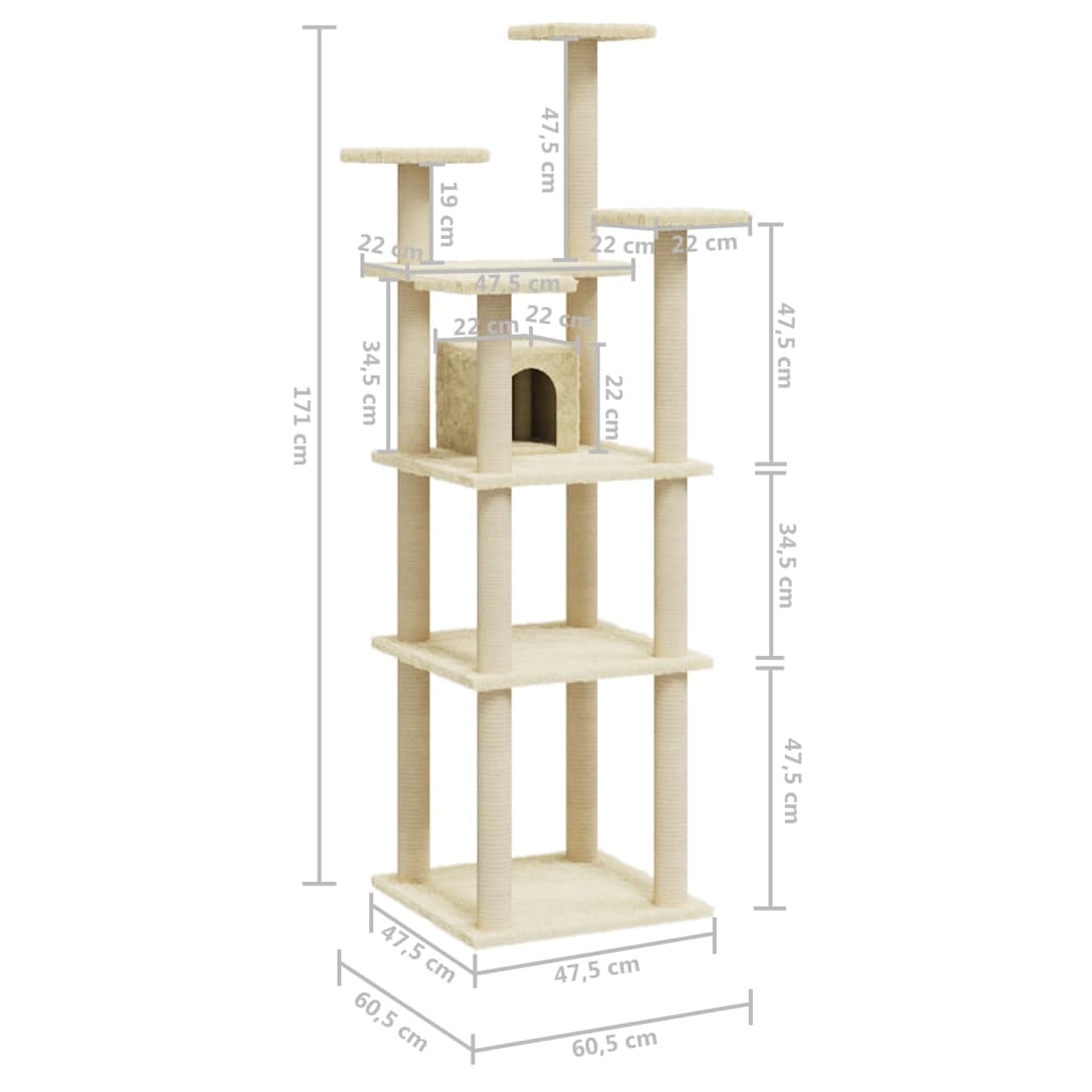 vidaXL Cat Tree with Sisal Scratching Posts Cream 171 cm