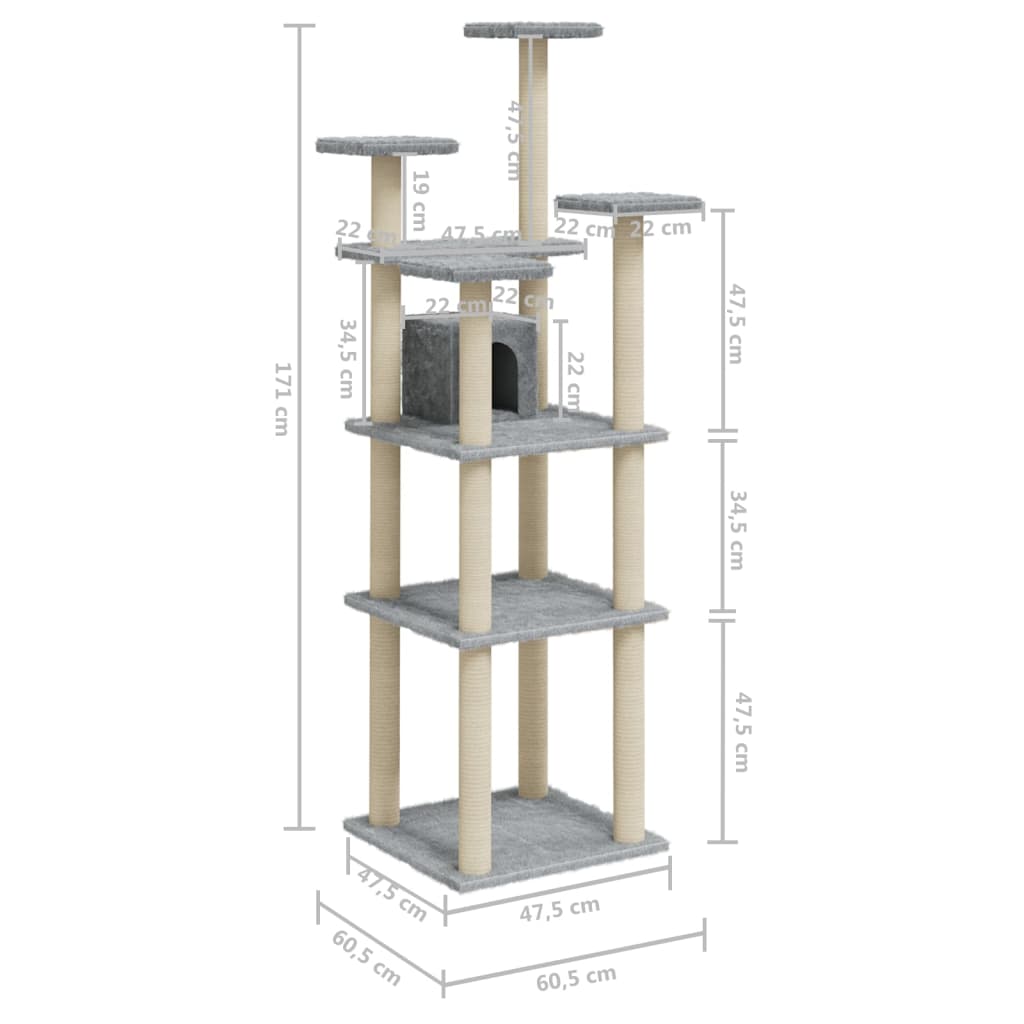 vidaXL Cat Tree with Sisal Scratching Posts Light Grey 171 cm