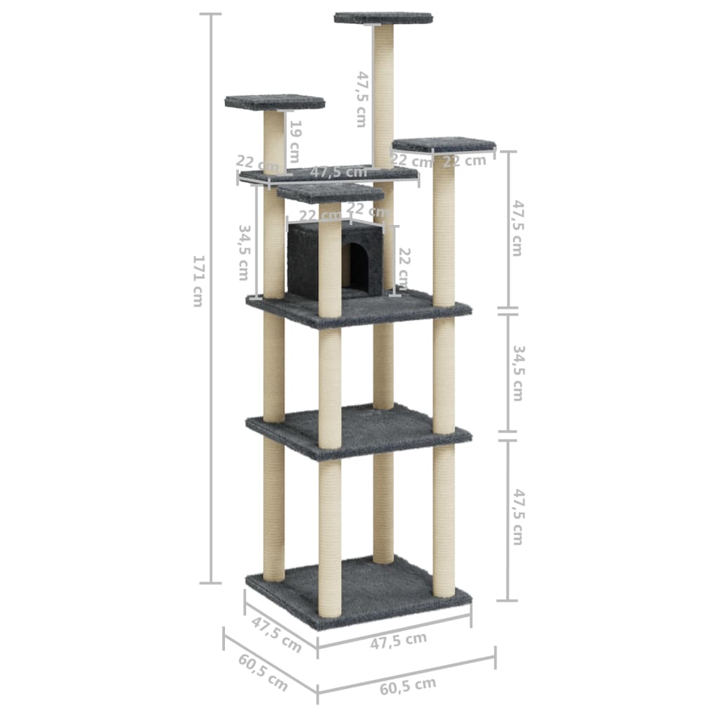 vidaXL Cat Tree with Sisal Scratching Posts Dark Grey 171 cm