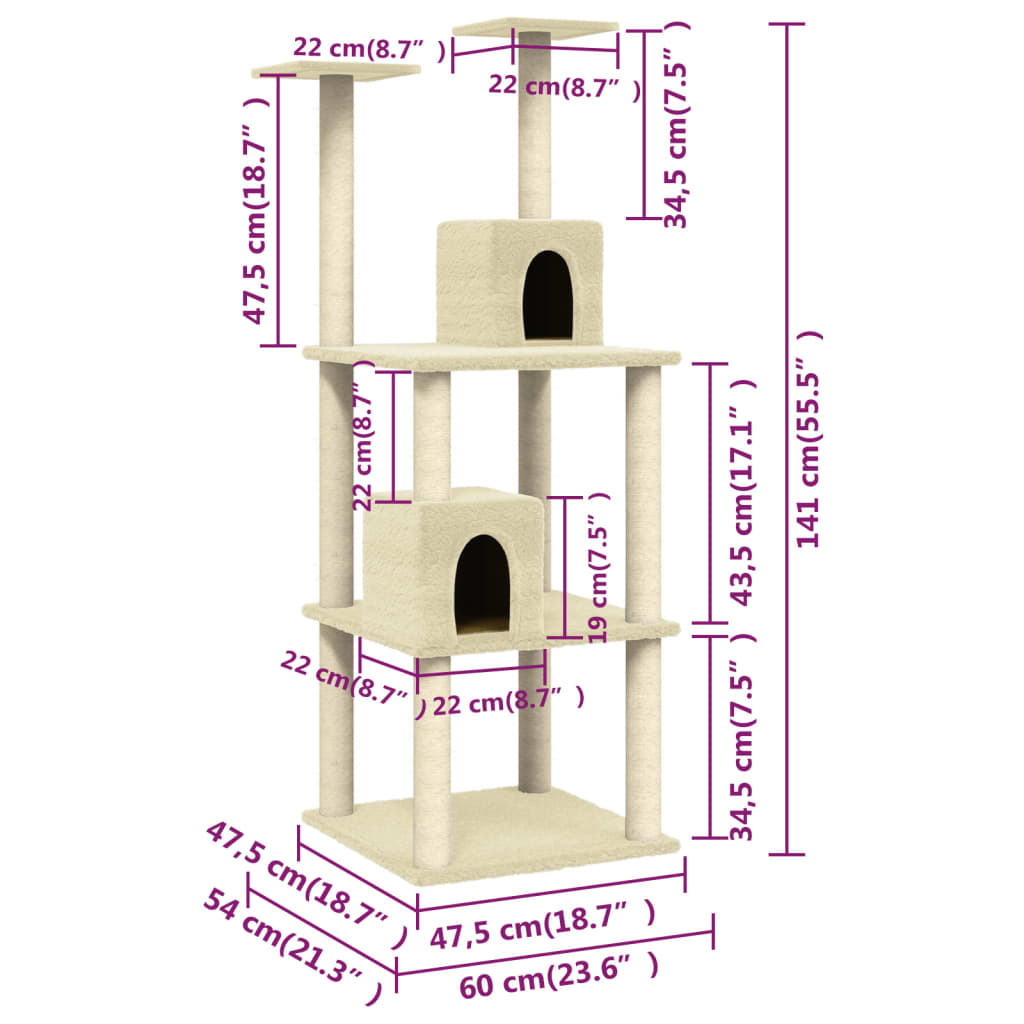 vidaXL Cat Tree with Sisal Scratching Posts Cream 141 cm