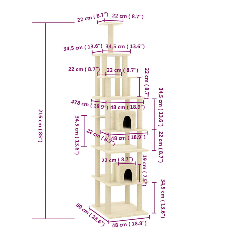 vidaXL Cat Tree with Sisal Scratching Posts Cream 216 cm