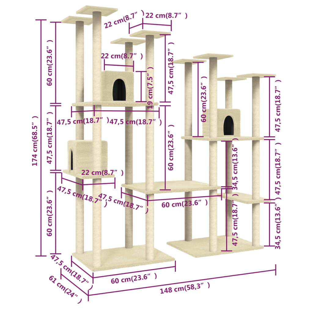 vidaXL Cat Tree with Sisal Scratching Posts Cream 174 cm