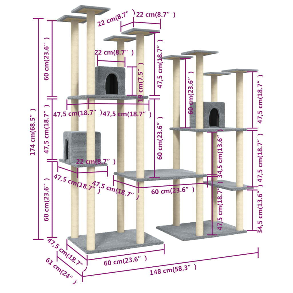 vidaXL Cat Tree with Sisal Scratching Posts Light Grey 174 cm