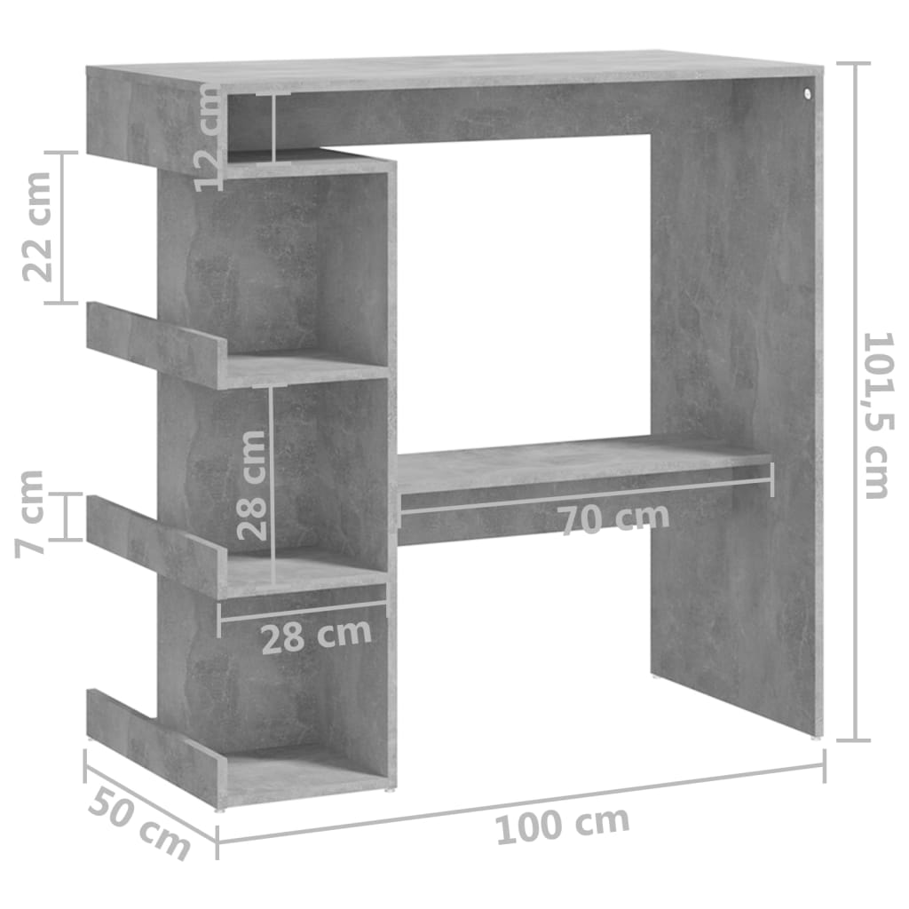 Table de bar avec étagère de rangement Gris béton 100x50x101,5 cm Bois d'ingénierie