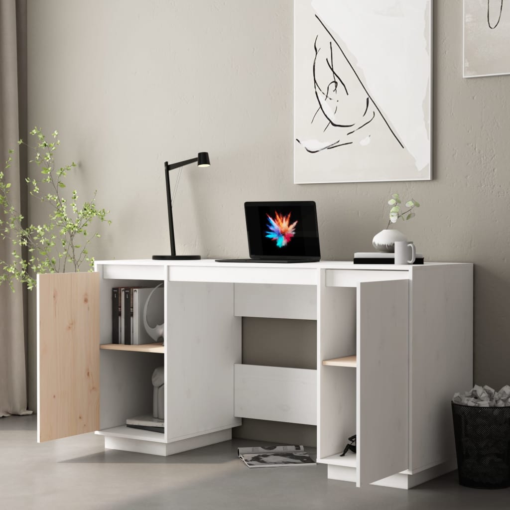 Bureau Blanc 140x50x75 cm Bois Massif Pin