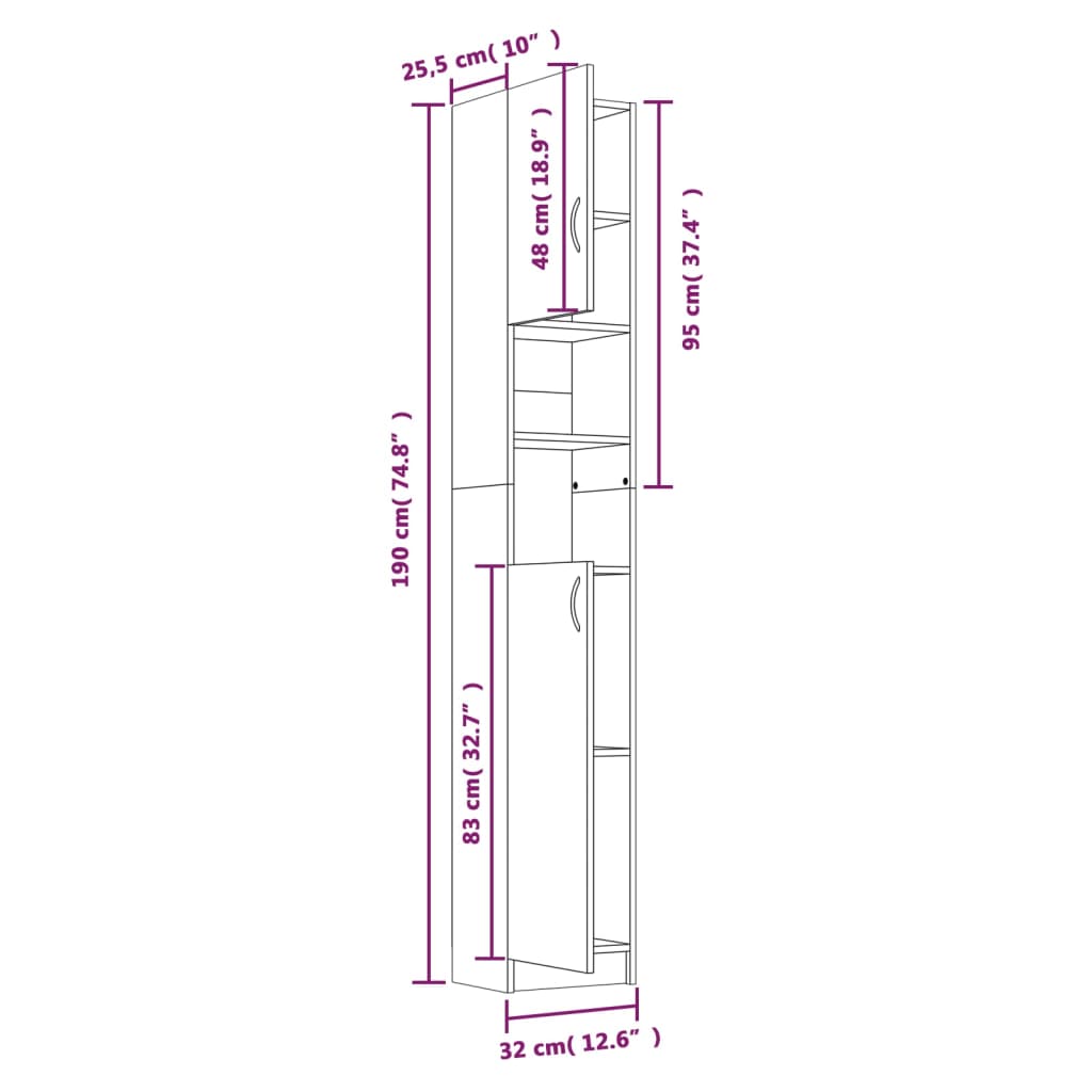 vidaXL Bathroom Cabinet Grey Sonoma 32x25.5x190 cm Engineered Wood