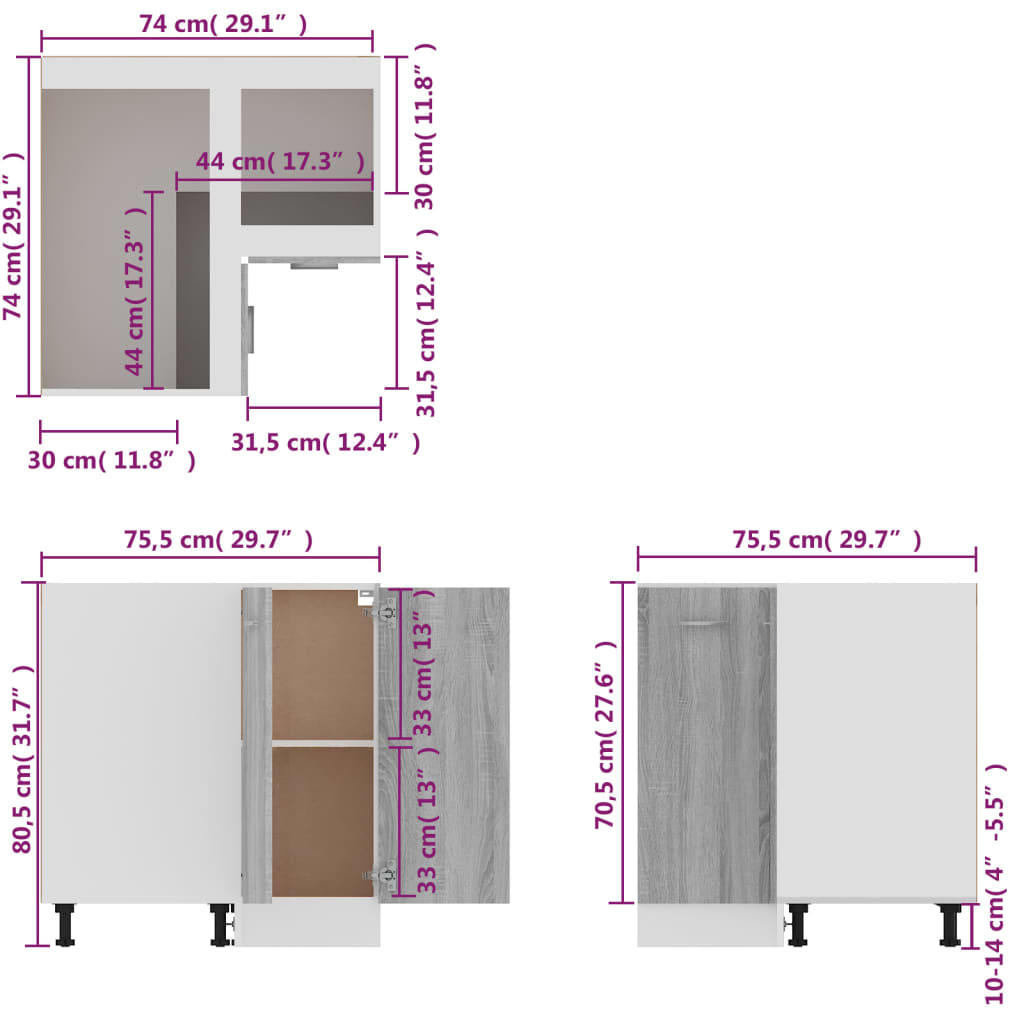 vidaXL Kitchen Cabinet Grey Sonoma 75.5x75.5x81.5 cm Engineered Wood