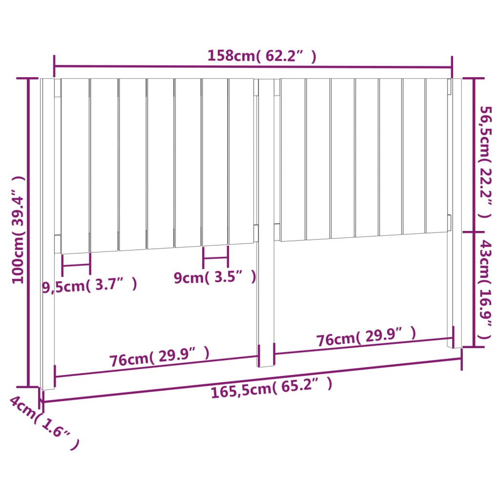 Bedhoofdeinde zwart 165,5x4x100 cm massief grenenhout