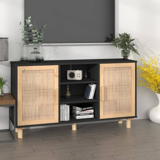 vidaXL Sideboard Black 105x30x60 cm Solid Wood Pine and Natural Rattan