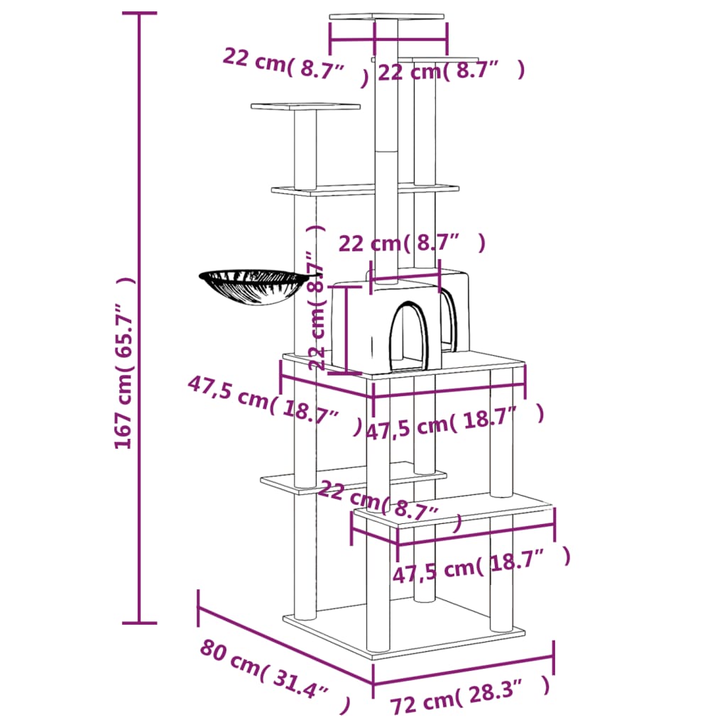 vidaXL Cat Tree with Sisal Scratching Posts Cream 167 cm