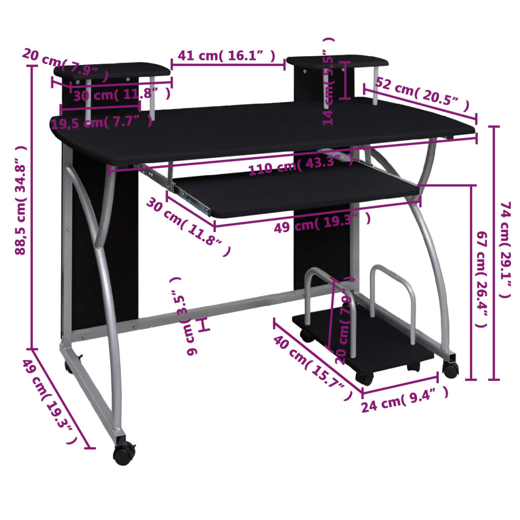 vidaXL Computer Desk Black 110x52x88.5 cm Engineered Wood