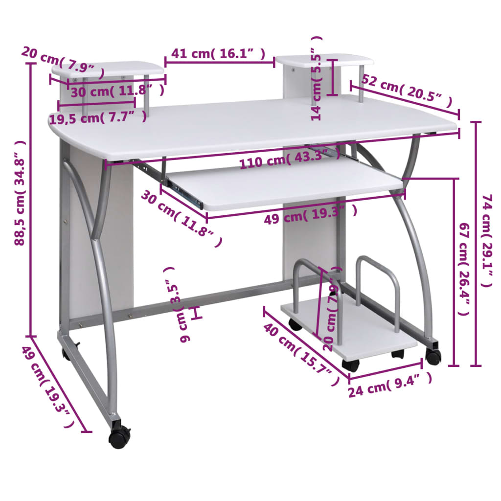 vidaXL Computer Desk White 110x52x88.5 cm Engineered Wood