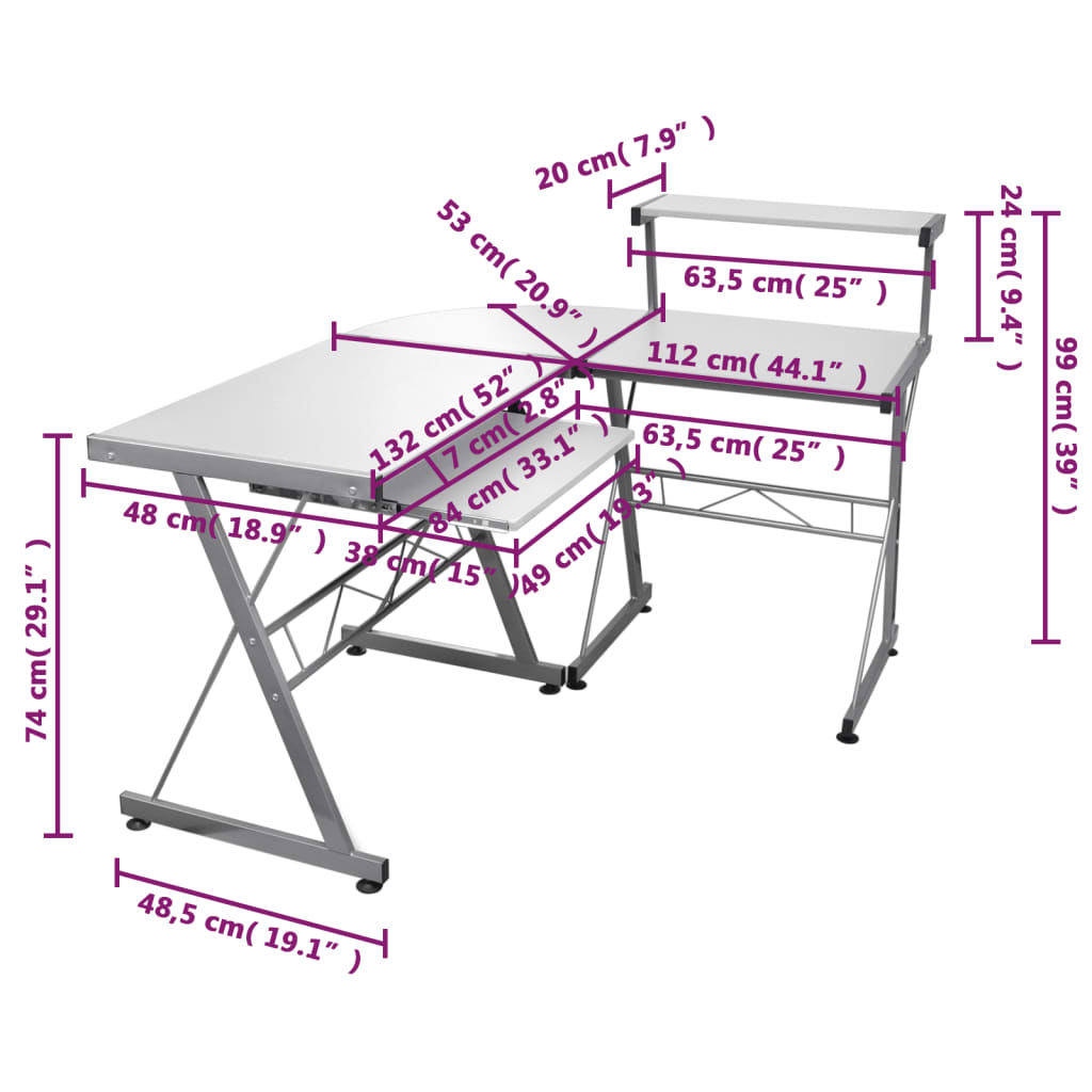 vidaXL Corner Computer Desk White 132x112x99 cm Engineered Wood