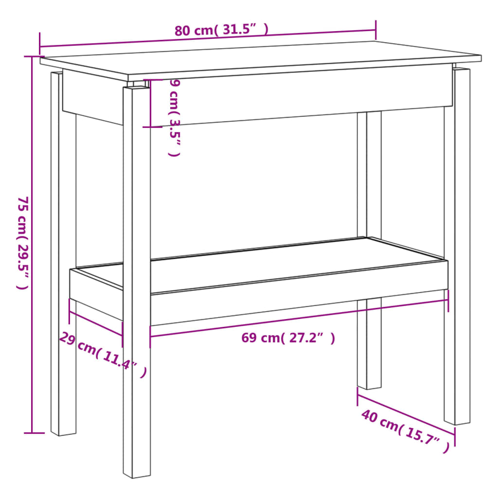 Consoletafel wit 80x40x75 cm massief grenenhout