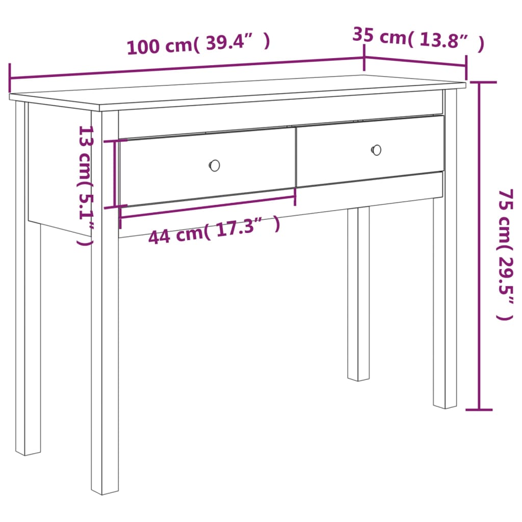 Consoletafel 100x35x75 cm massief grenenhout