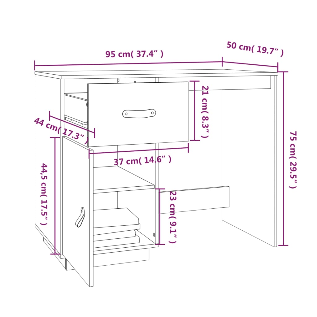 vidaXL Desk White 95x50x75 cm Solid Wood Pine