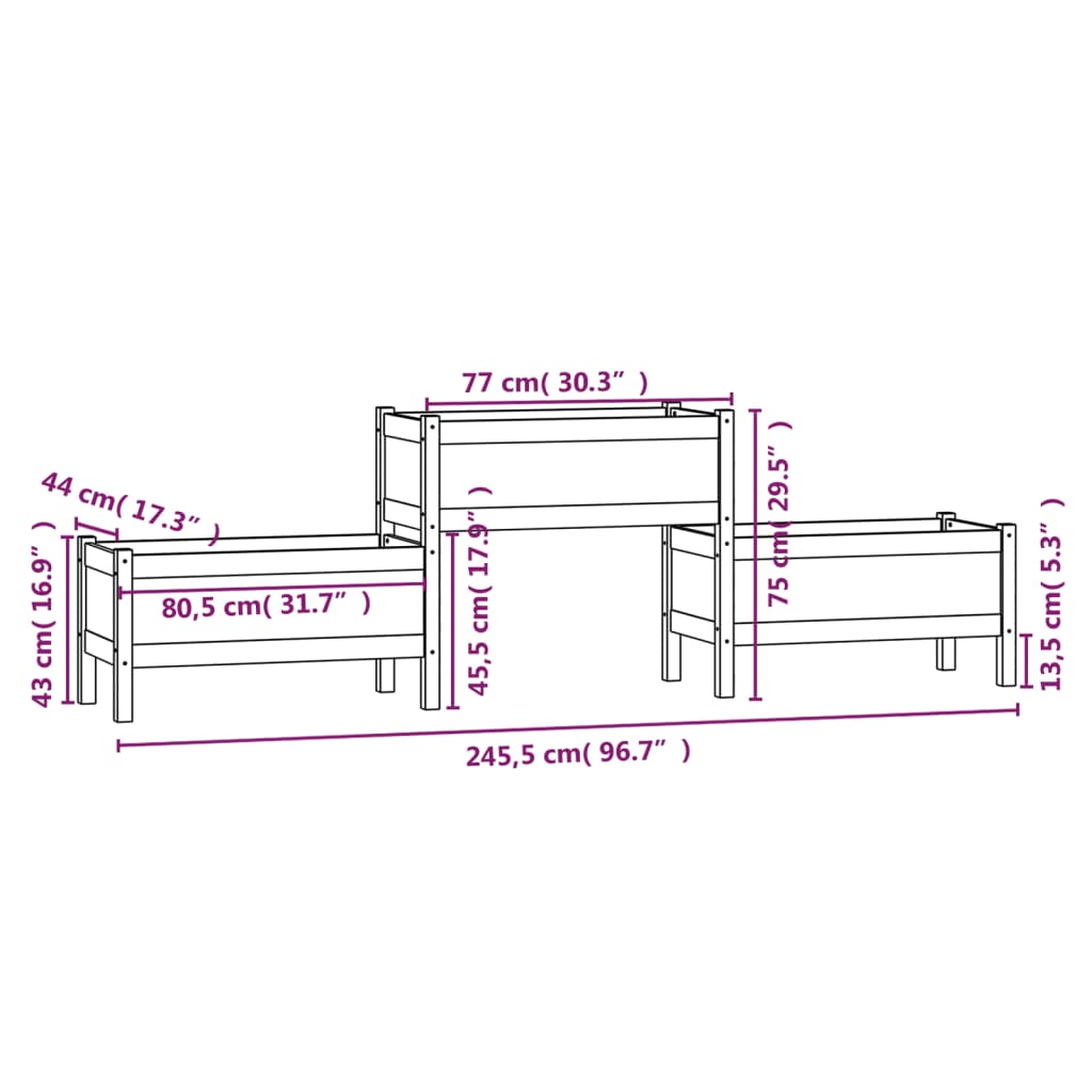 vidaXL Planter Black 245.5x44x75 cm Solid Wood Pine