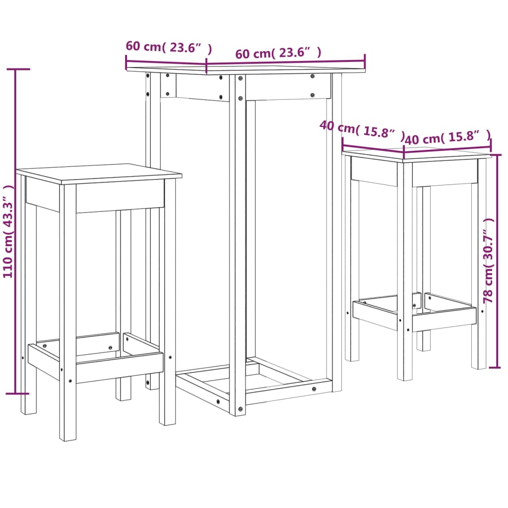 vidaXL 3 Piece Bar Set Black Solid Wood Pine