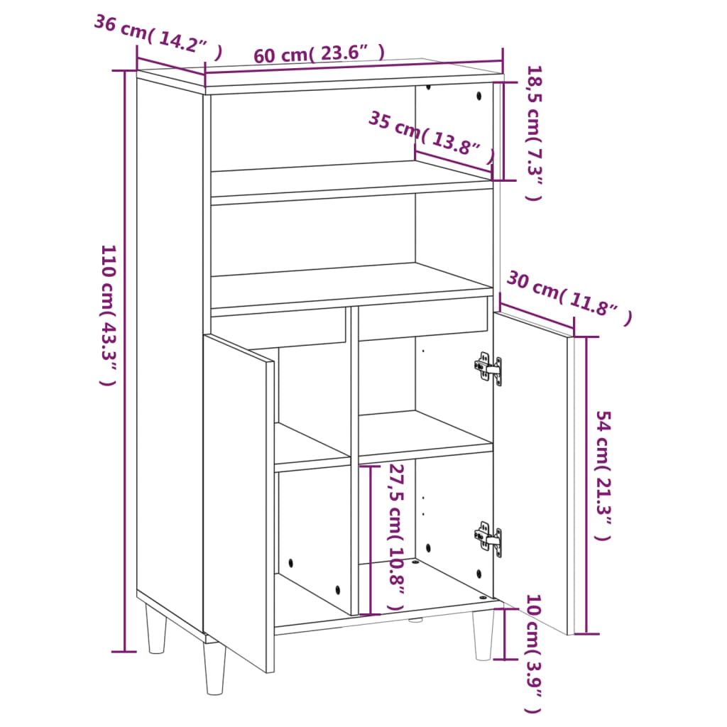 vidaXL Highboard Brown Oak 60x36x110 cm Engineered Wood