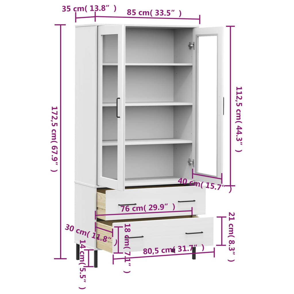 vidaXL Bookcase with Metal Legs White 85x35x172.5 cm Solid Wood OSLO