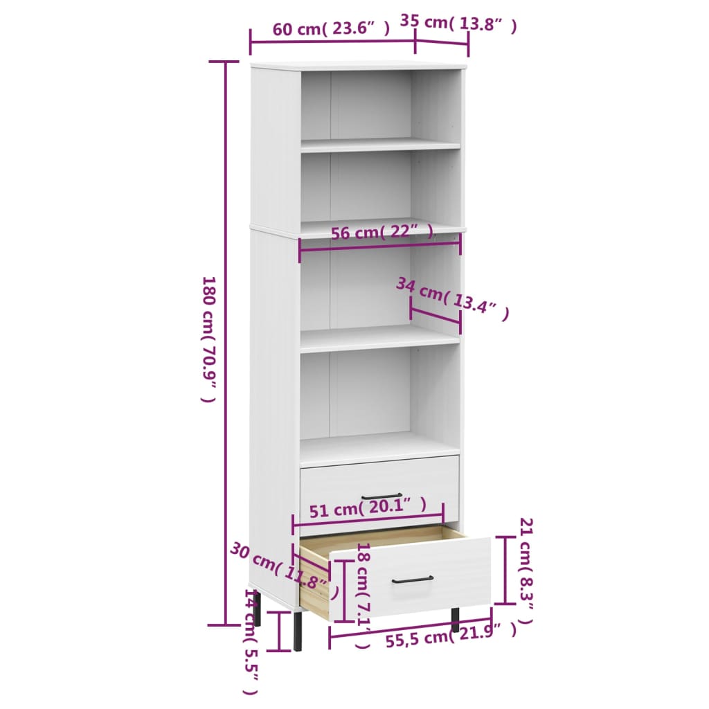 Bibliothèque avec 2 Tiroirs Blanc 60x35x180 cm Bois Massif OSLO