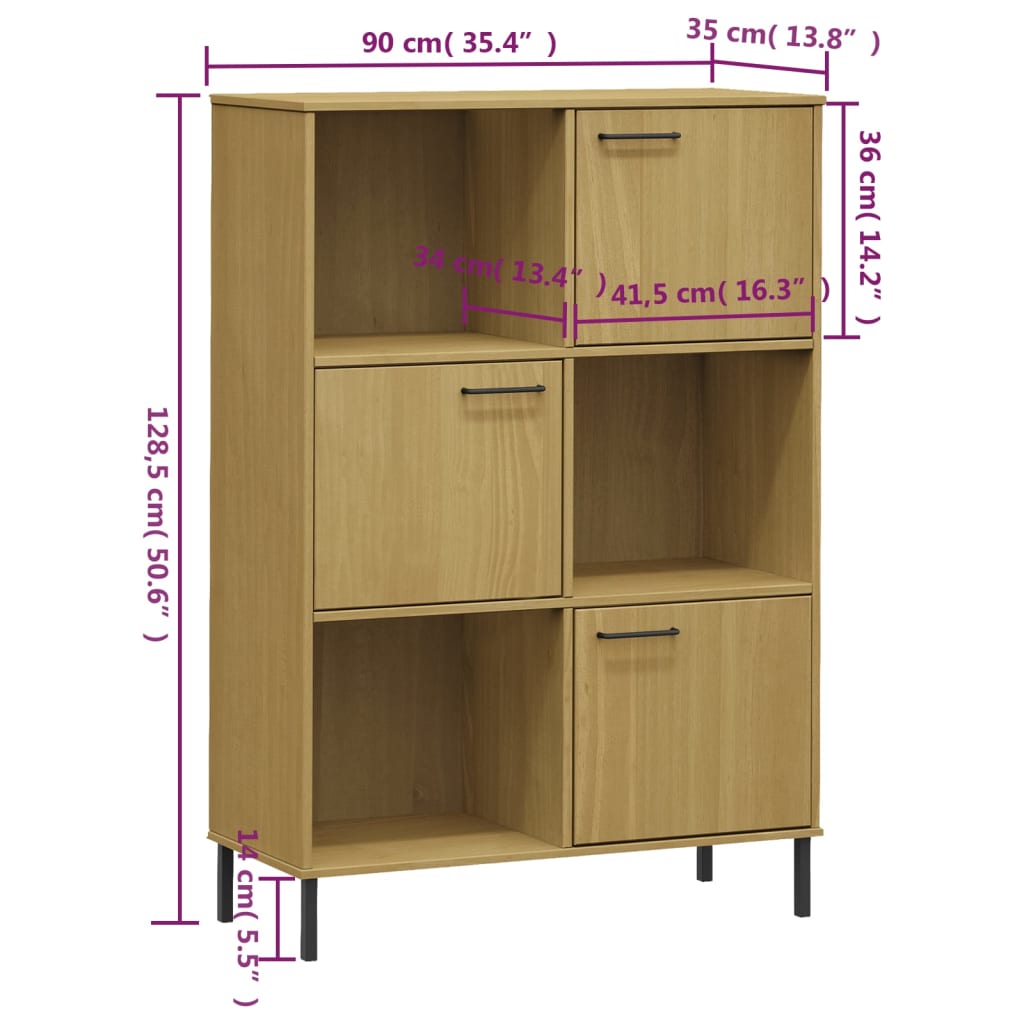 vidaXL Bookcase with Metal Legs Brown 90x35x128.5 cm Solid Wood OSLO