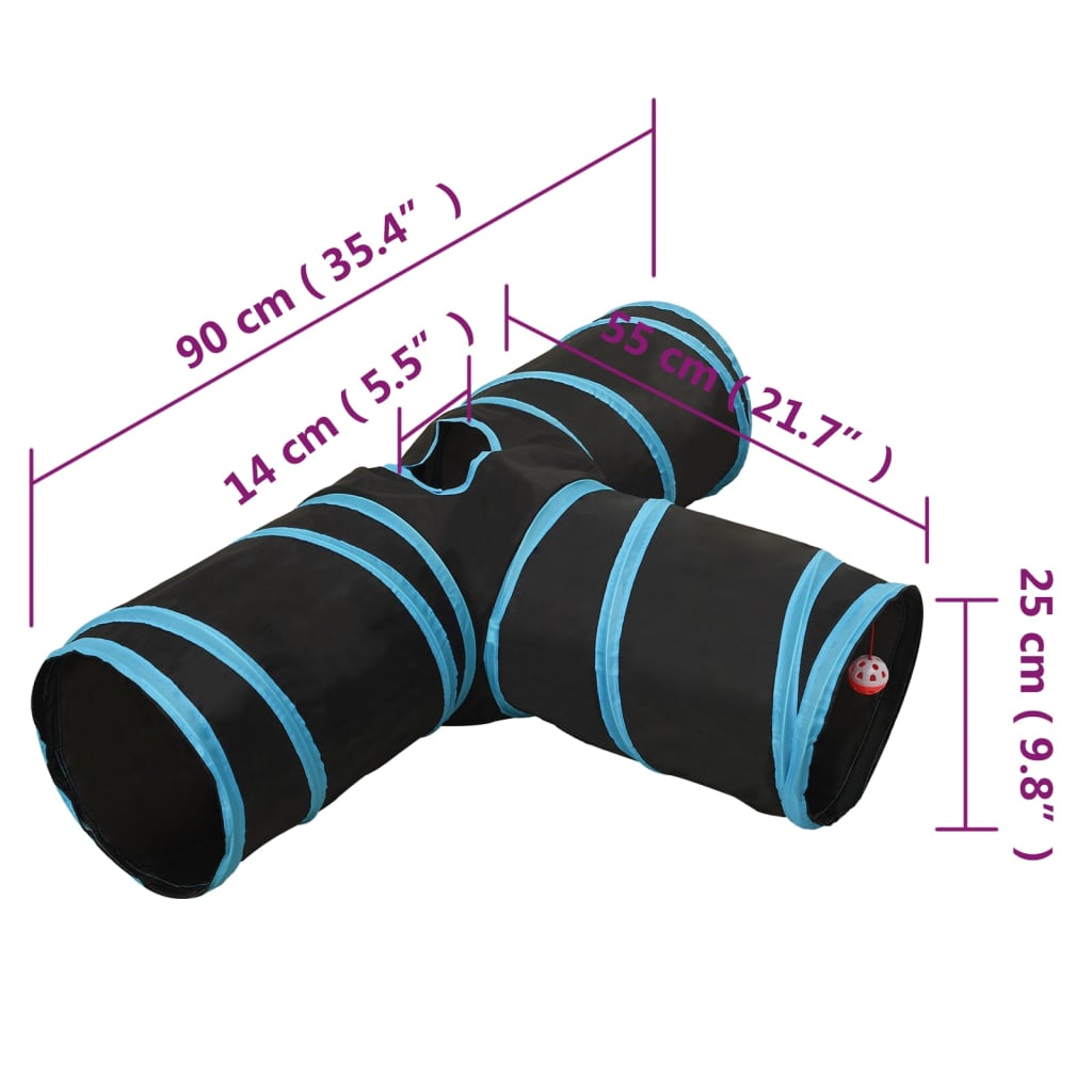 vidaXL Cat Tunnel 3-way Black and Blue 90 cm Polyester