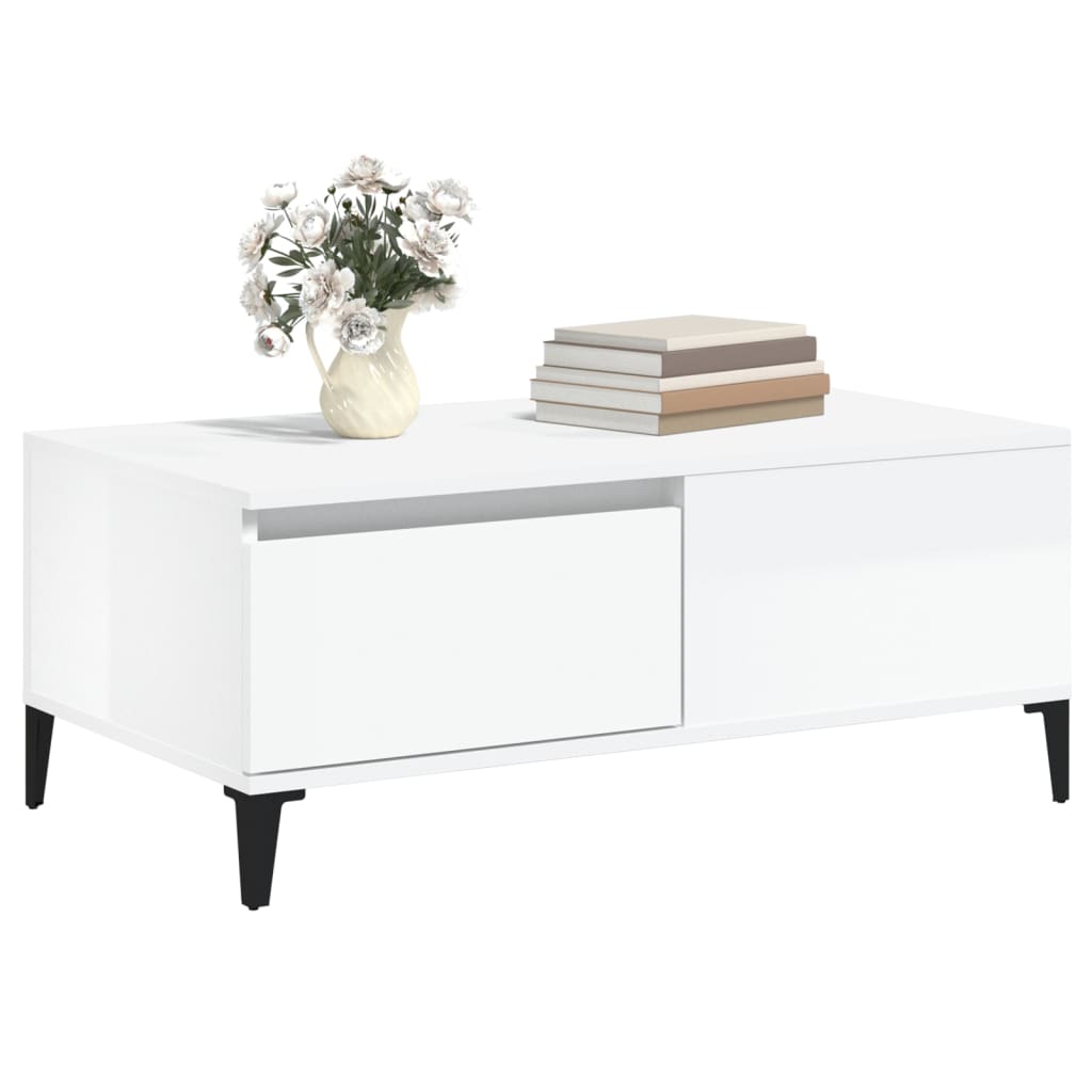 Table basse en bois d'ingénierie blanc brillant 90x50x36,5 cm